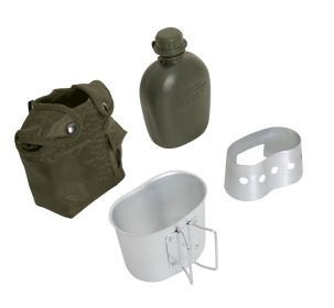 4pcs Canteen Kit with Cup, Cover, Stove Stand Field Hydration (Color: Olive Drab)