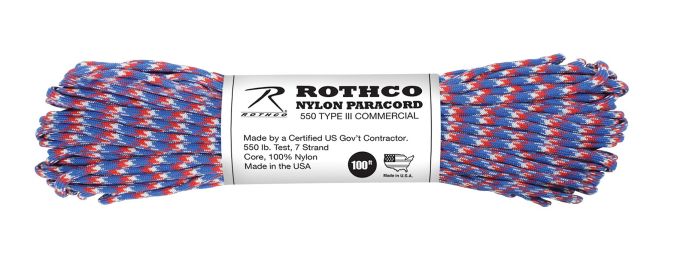 Camo 550 Paracord 100ft – Type III Survival or Emergency Line (Color: Red / White / Blue Camo, size: 100')