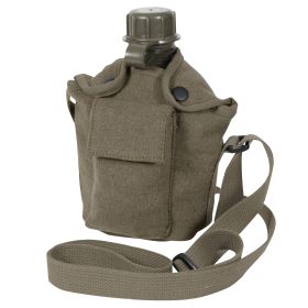 Vintage Canvas Canteen Cover – With Shoulder Strap Carrier (Color: Olive Drab)