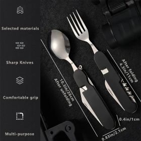 6-in-1 Stainless Steel Survival Cutlery Set – Folding Multi-Tool (Color: Black)
