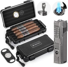 Cigar Travel Humidor and Cigar Lighter Set, Portable Cigar Case with Humidifier Hygrometer, Cutter Cigar Cutter (Color: Black)