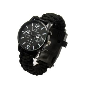 Survival Paracord Bracelet Watch - LED Light/Emergency Tools (Color: Black)