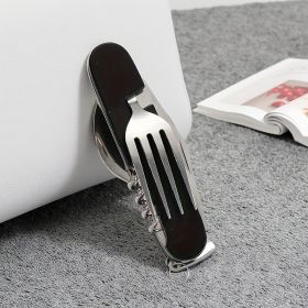 Steel 6in1 Survival Cutlery Multi-Tool: Knife/Fork/Spoon/Openers (Color: Black)