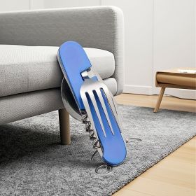 Steel 6in1 Survival Cutlery Multi-Tool: Knife/Fork/Spoon/Openers (Color: Blue)