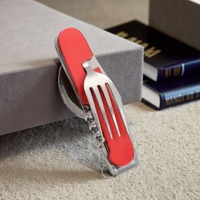 Steel 6in1 Survival Cutlery Multi-Tool: Knife/Fork/Spoon/Openers (Color: Red)