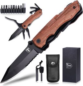 9-in-1 Multitool Pocket Knife: Compact Survival Tool/Survival Use (Color: Black + Wood Grain)
