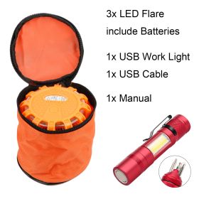 LED Emergency Road Flares Pack with USB Work Light & Tools (Quantity: 3PACK)