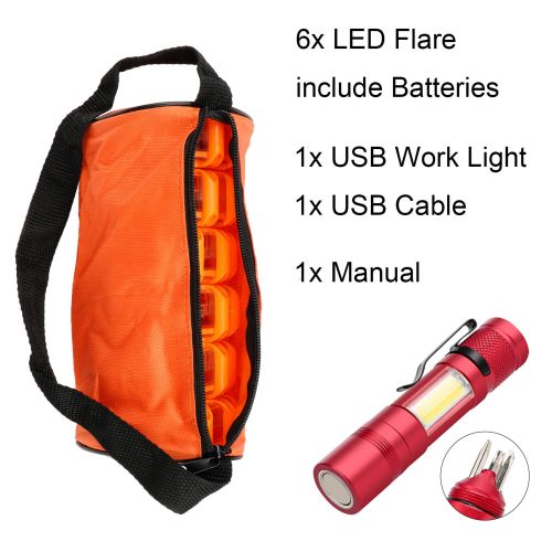 LED Emergency Road Flares Pack with USB Work Light & Tools